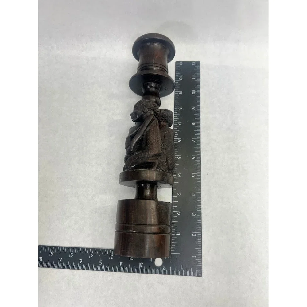 Hand Carved African Ebony Wood Candlestick Holder Tribal Figures Dark Wood 11in